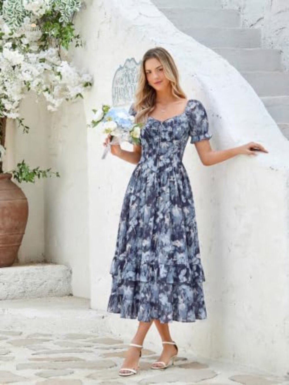 Floral Maxi Dress Puff Sleeve Corset Waist Sweetheart Neck - Picture 3 of 5